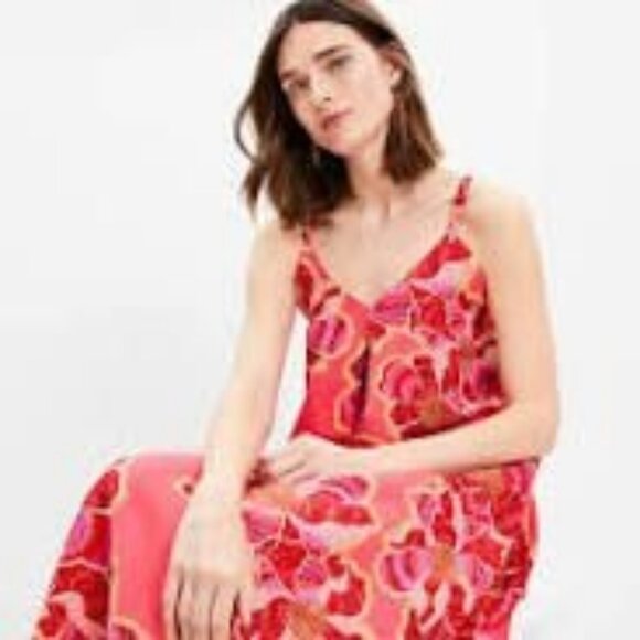Loft Red Floral Linen/Viscose Midi/Maxi Dress Womens 6P Beachy Flowy - Picture 2 of 12
